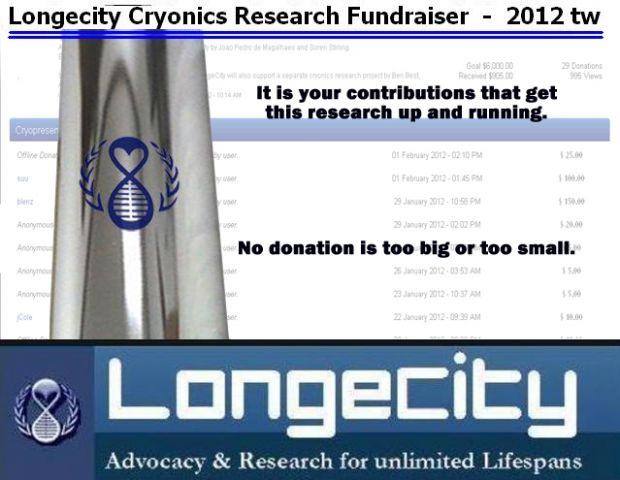 Longecity cryonics cryopreservation research fundraiser indefinite life extension  2012 Tw